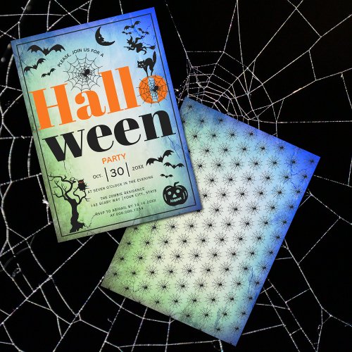 Vintage adult Halloween blue and green party Invitation