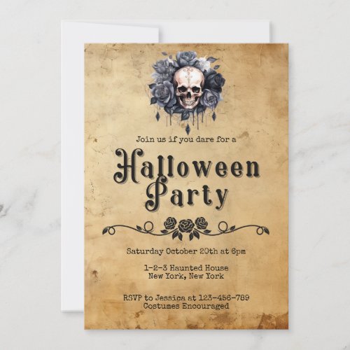 Vintage Adult Halloween Party Floral Skull Invitation