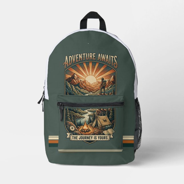 Vintage Adventure Awaits Retro Printed Backpack (Front)