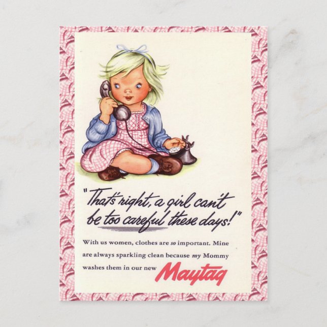 Vintage advertising, Maytag, little girl telephone Postcard (Front)
