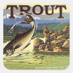 Vintage Advertising Trout Stream Fishing Fisherman Square Sticker