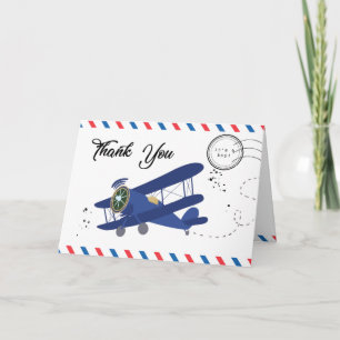 Vintage Aeroplane Plane Blue Baby Shower Letterpress Thank You Card