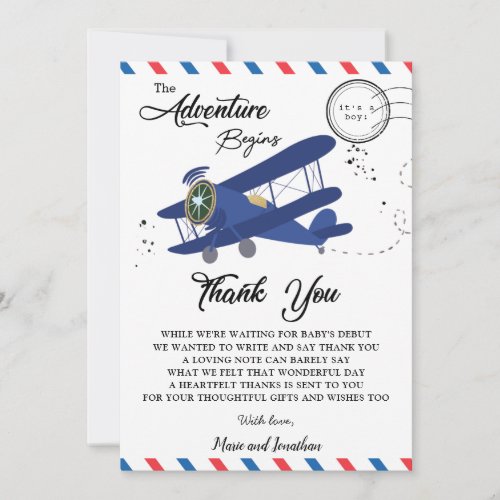 Vintage Aeroplane Plane Blue Baby Shower Thank You Card