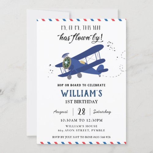 Vintage Aeroplane Plane Blue Gold Birthday   Invit Invitation