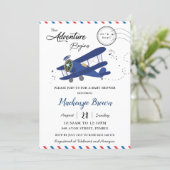 Vintage Aeroplane Plane Blue Gold Boy Baby Shower Invitation (Standing Front)