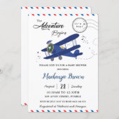 Vintage Aeroplane Plane Blue Gold Boy Baby Shower Invitation (Front/Back)