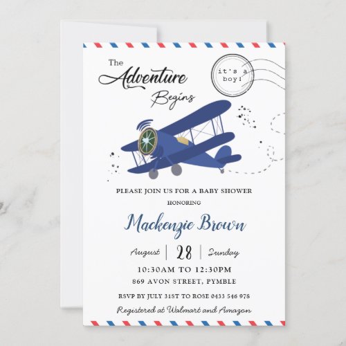 Vintage Aeroplane Plane Blue Gold Boy Baby Shower Invitation