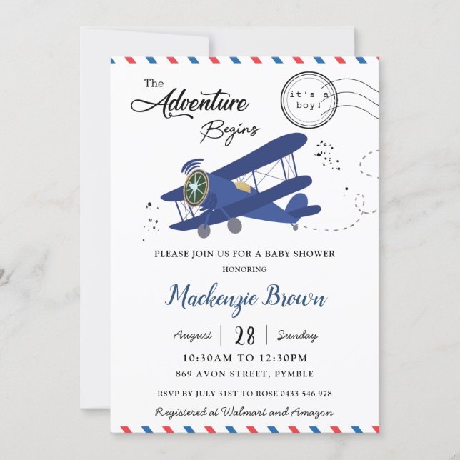 Vintage Aeroplane Plane Blue Gold Boy Baby Shower Invitation (Front)