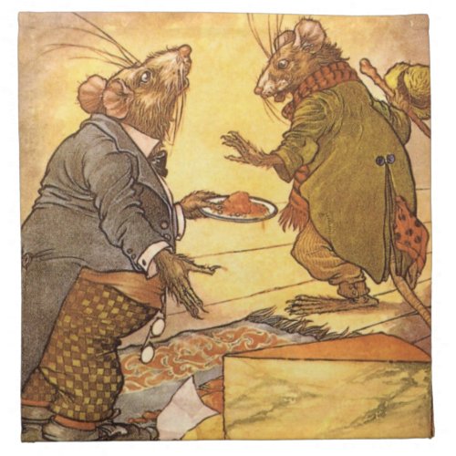 Vintage Aesops Fable Country Mouse City Mouse Cloth Napkin