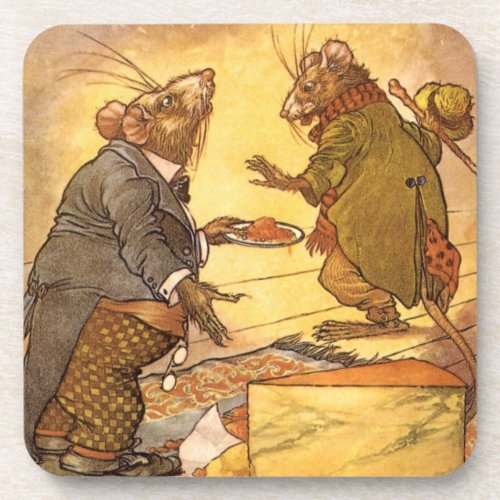 Vintage Aesops Fable Country Mouse City Mouse Coaster
