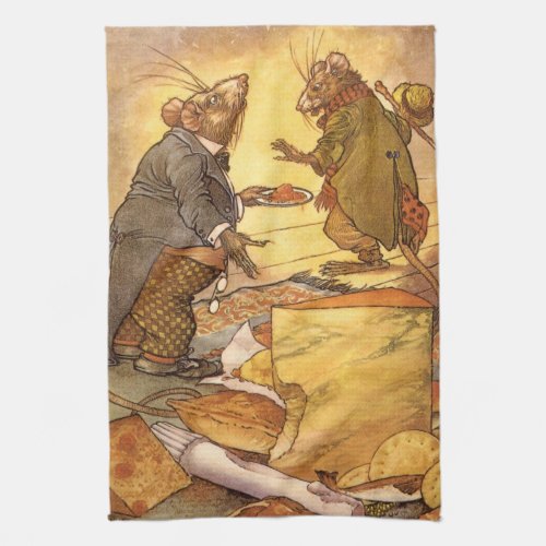 Vintage Aesops Fable Country Mouse City Mouse Kitchen Towel