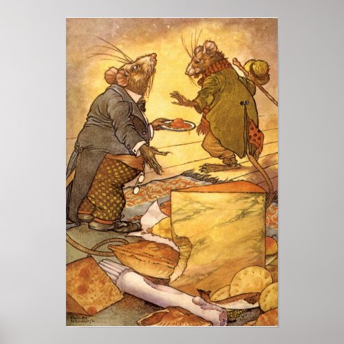 Vintage Aesops Fable Country Mouse City Mouse Poster