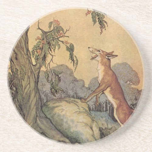 Vintage Aesops Fables Fox Rooster and the Dog Drink Coaster