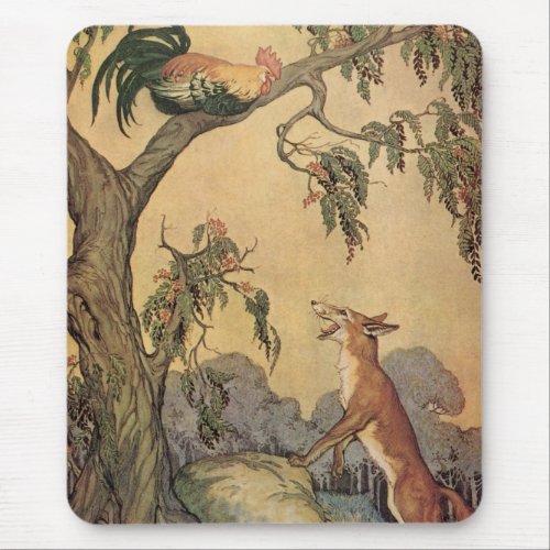 Vintage Aesops Fables Fox Rooster and the Dog Mouse Pad