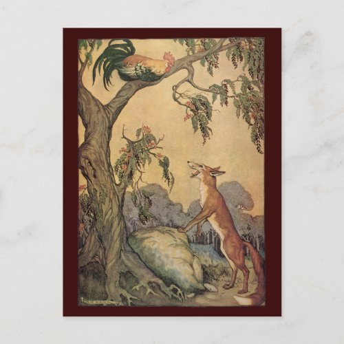 Vintage Aesops Fables Fox Rooster and the Dog Postcard