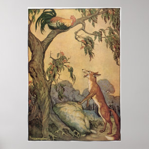 Vintage Aesop's Fables, Fox, Rooster and the Dog Poster