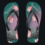 Vintage Aesthetic Floral Pattern Bridesmaid Gift Flip Flops<br><div class="desc">These personalized and elegant flip flops feature a retro aesthetic pattern of pink lotus flowers painting on dark teal green to pink gradient background. The gorgeous flip flops are a memorable gift for wedding party members: bride, bridesmaids, mother of the bride, maid of honor... They will add a stylish dose of glam to...</div>