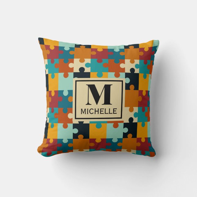 Vintage Aesthetic Puzzle Pieces Pattern Monogram Throw Pillow (Front)