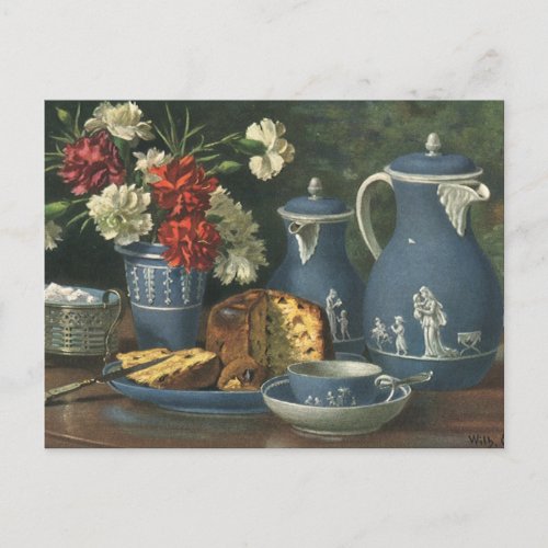 Vintage Afternoon Coffee Cake Tea and Flowers Postcard