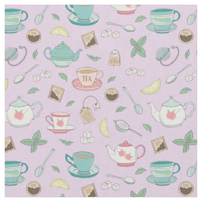 Vintage Afternoon Tea Party Tea Drinker Fabric (Close Up)