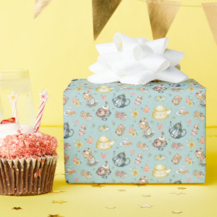 Vintage Afternoon Tea & Roses Pattern on Aqua Wrapping Paper