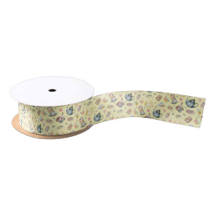 Vintage Afternoon Tea & Roses Pattern on Yellow Satin Ribbon