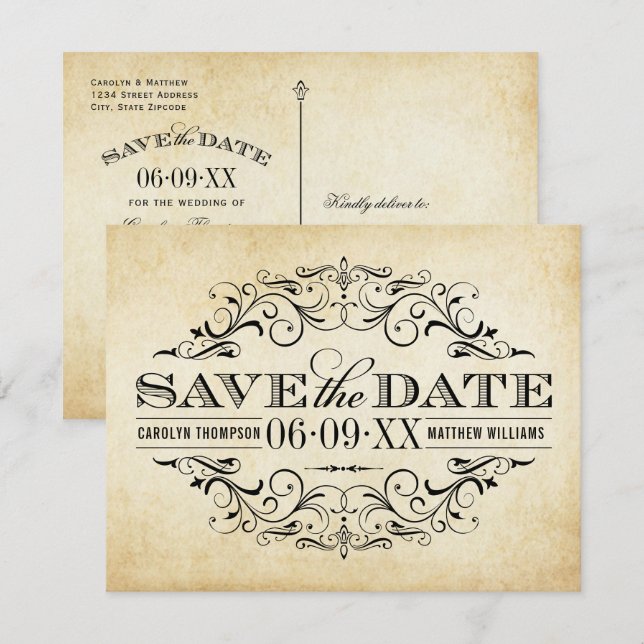 Vintage Aged Paper Scrollwork Save the Date (Front/Back)