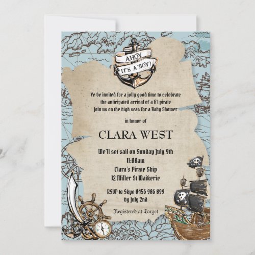Vintage Ahoy Its a Boy Pirate Baby Shower Map Invitation