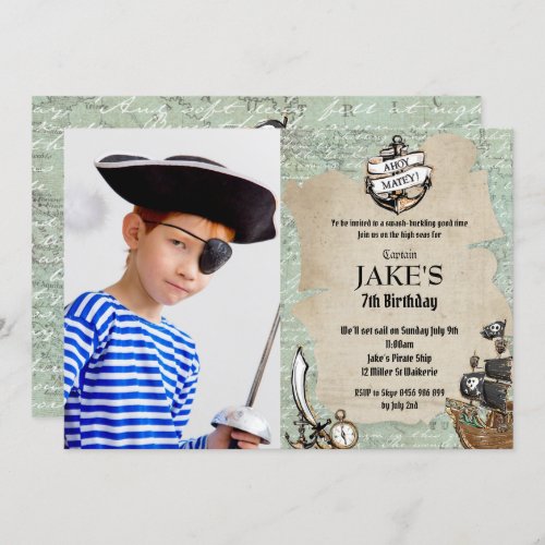Vintage Ahoy Matey Pirate Birthday Party Boy Photo Invitation