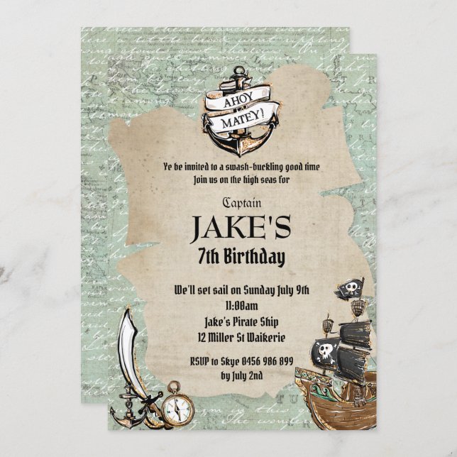 Vintage Ahoy Matey Pirate Birthday Party World Map Invitation (Front/Back)