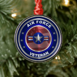 Vintage Air Force Veteran Keepsake Christmas Metal Ornament<br><div class="desc">Specially designed Commemorative “Proud Air Force Veteran” Design commemorating the tremendous accomplishments of our Brave Men and Women who have served in the iconic Air Force! This beautifully designed Commemorative “Proud Air Force Veteran” Design makes a wonderful gift for your Special Airman, Family Member or Friend. Let all who may...</div>
