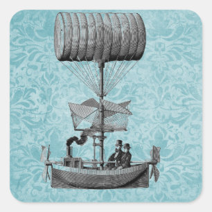 Vintage Airboat Blue Damask Square Sticker