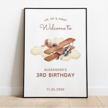 Vintage Aircraft Biplane Boy's Birthday Welcome Poster by KidGooGoo at Zazzle