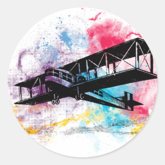 Vintage Aircraft with colorful clouds Classic Round Sticker