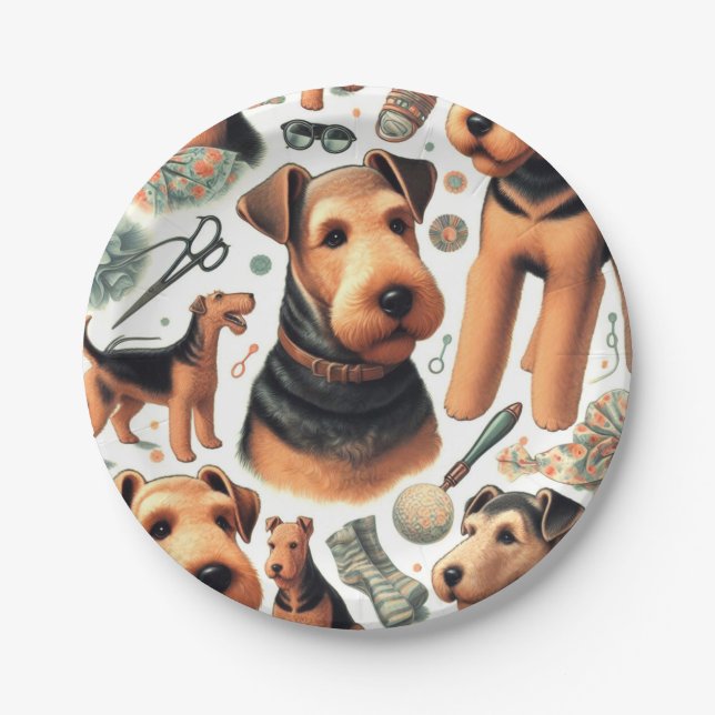 Vintage Airedale Terrier Seamless Paper Plates (Front)