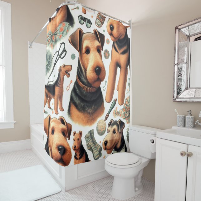 Vintage Airedale Terrier Seamless Shower Curtain (In Situ)
