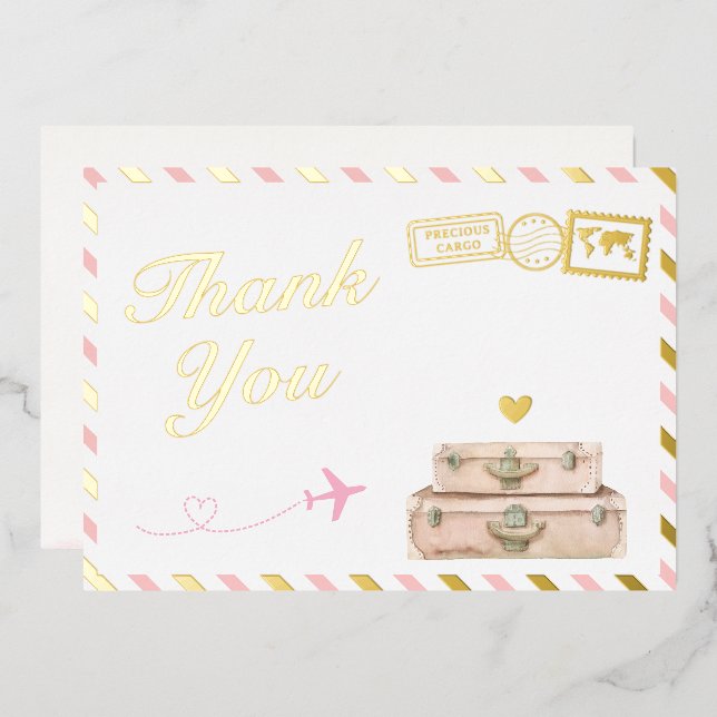 Vintage Airline Baby Girl Shower Thank You Card (Front/Back)