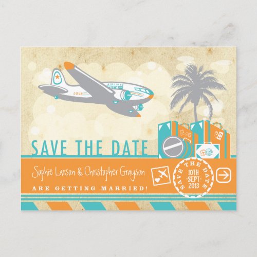 Vintage Airline Travel Illustration Save the Date Announcement Postcard