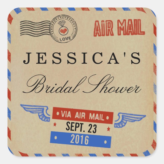 Vintage Airmail Bridal Shower Favor Square Sticker (Front)