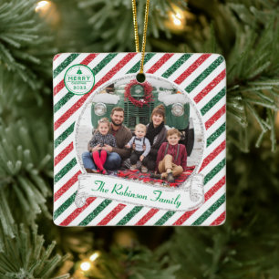 Vintage Airmail Glitter Christmas Family Photo Cer Ceramic Ornament