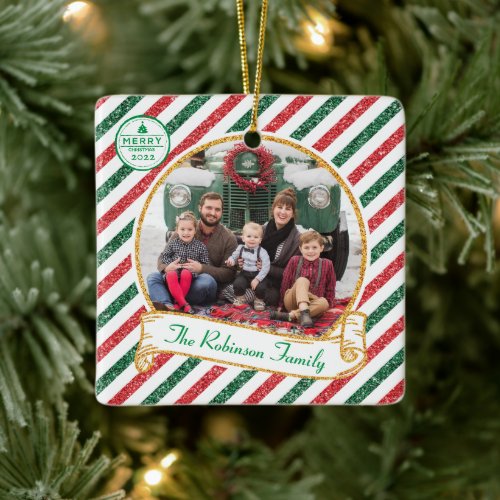 Vintage Airmail Glitter Christmas Family Photo Cer Ceramic Ornament