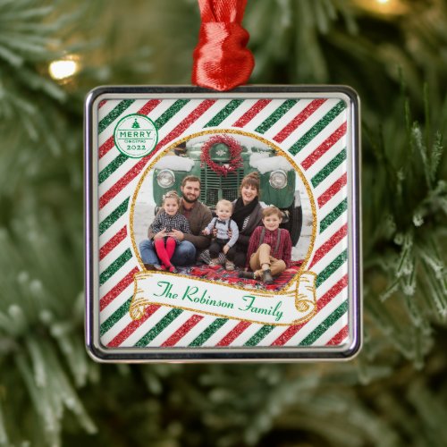 Vintage Airmail Glitter Christmas Family Photo Cer Metal Ornament