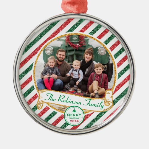 Vintage Airmail Glitter Christmas Family Photo Metal Ornament