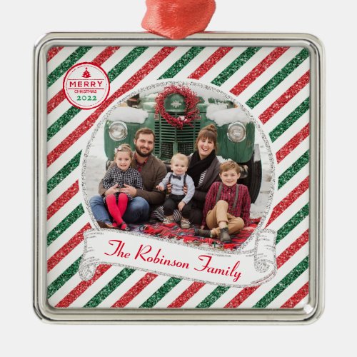 Vintage Airmail Glitter Christmas Family Photo Metal Ornament