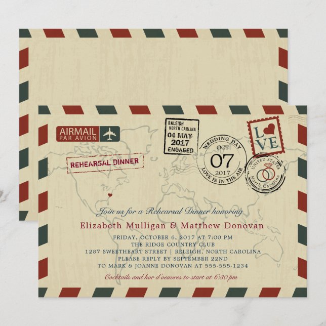 Vintage Airmail North Carolina  Rehearsal Dinner Invitation (Front/Back)