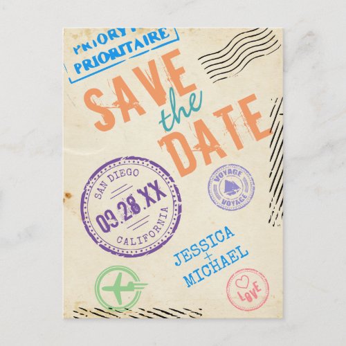 Vintage Airmail Stamps Typography Save The Date Invitation Postcard