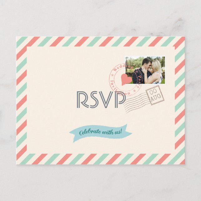 Vintage Airmail Wedding RSVP with photo Invitation Postcard (Front)