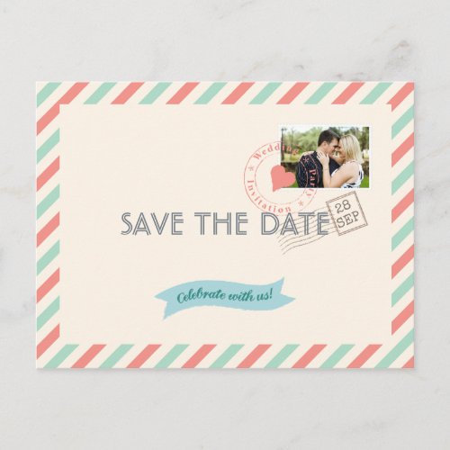 Vintage Airmail Wedding Save the Date with photo Announcement Postcard