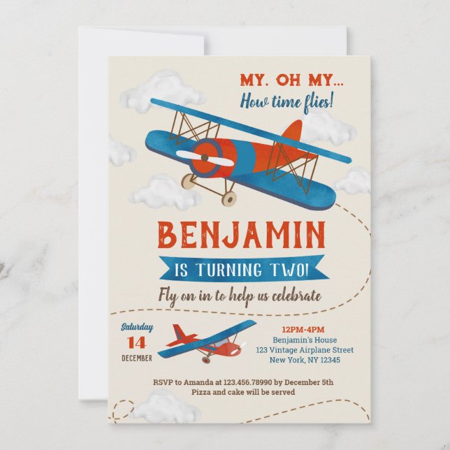 Vintage Airplane 2nd Birthday Party Invitations (Front)