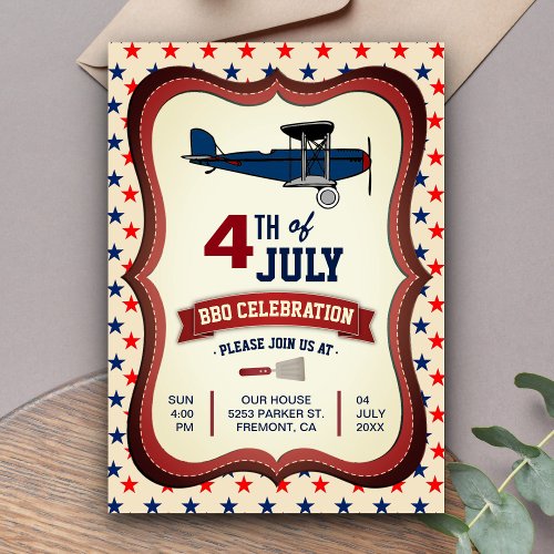 Vintage Airplane 4th Of July BBQ Party Invitation
